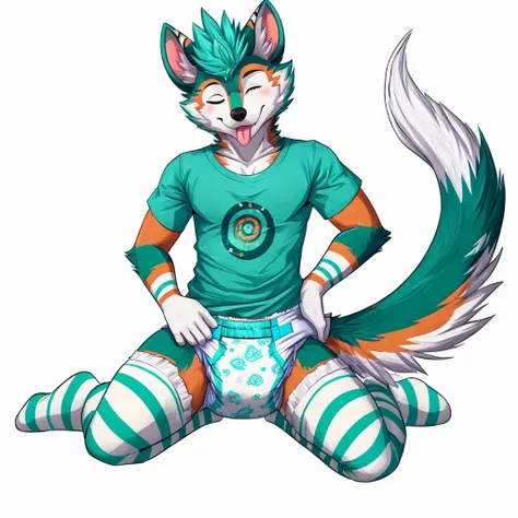 Anthropomorphic male opposum, yellow eyes, twirl tail, fullbody view, solo, on knees, white background, digital art, lifting his shirt, different views, wearing a teal t-shirt and long teal socks with white stripes and a diaper, looking at viewer, one eye ...