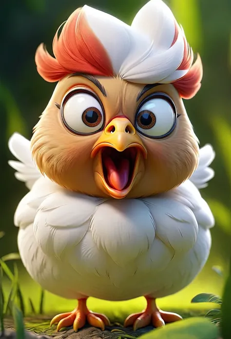 A confused hen with weird and funny eyes, she is short and fat, without any shoes or cloths, there is nothing and nobody in the scene except the hen, the environment is a jungle, the hen is completely white.