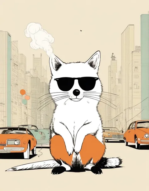 animal-like , sweet,very cute,art by Sophie Roach , art by Jon Klassen , art by Michael Cho , art by Sophie Roach、sunglasses,campimg,smoking,city