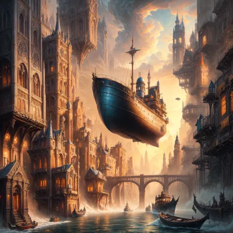 painting of a ship floating in the air over a city, symmetrical epic fantasy art, breathtaking fantasy art, surreal and fantasy art, surreal concept art, by Alexander Kucharsky, stylized urban fantasy artwork, detailed fantasy digital art, fantasy. gondola...