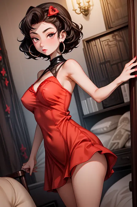 (8K HDR photorealistic pic), Betty Boop, short, althetic, curvy lady, ((tight little red dress)), dark eyebrows, black lipstick, (hoop earrings), dark eyeshadow, black lipstick, curvy, busty, (curly short black hair), shortstack, (retroussé breasts), darli...