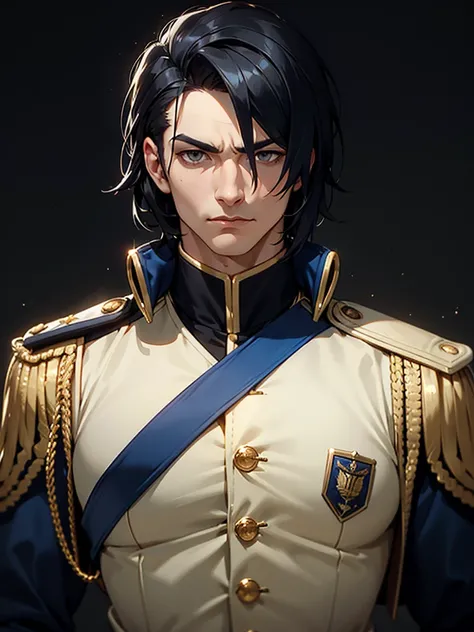 ((Portrait)), He has a Elegant, Black-Haired Appearance, with a Serious and Authoritative Aura. He has a Well-Built, Athletic Build, Exuding Strength and Confidence. His Light Gray Eyes Convey a Sense of Responsibility and Focus. His Short, Tousled Black H...