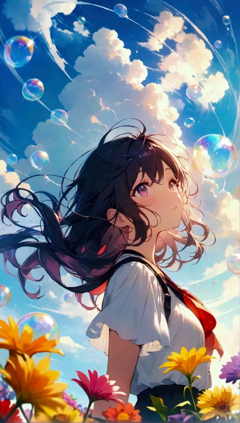 ＪＫ,Flowing Hair,Beautiful sky, Beautiful Clouds, summer，Colorful flowers, (Transparent bubbles sparkle in the sky), masterpiece,High resolution,Wide-angle lens