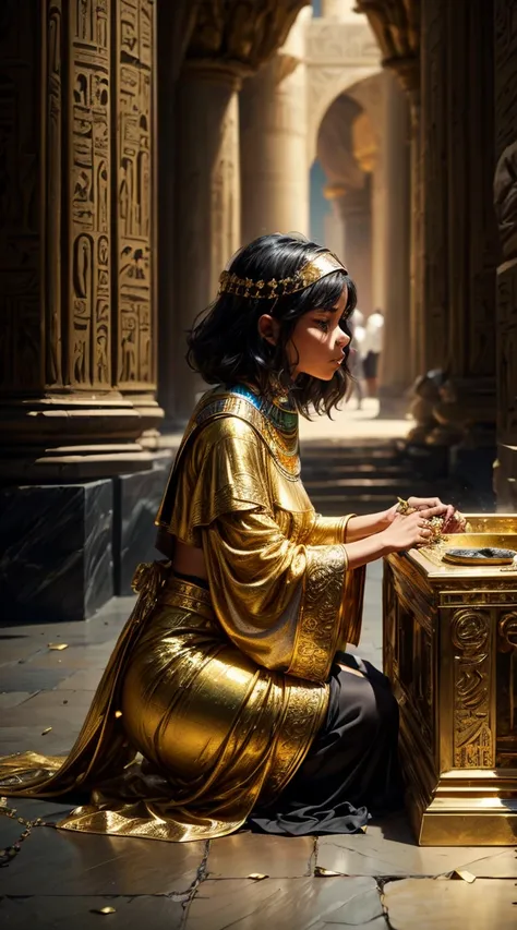 A (( fullbody view)) , side view of a cute 16 yo female black teen (Brown skin, green eyes, wavy short black hair, dressed as mummy. Surprised, ((She is waking up from a 
gold decorated altar ) inside a Egyptian palace. A couple of priests are at her feet ...