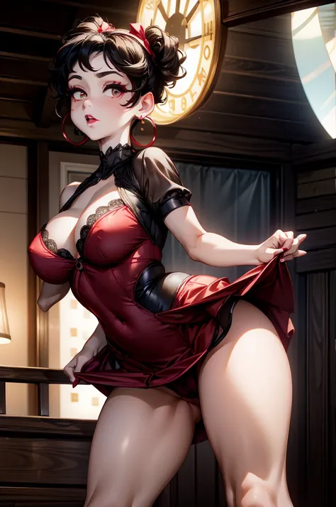 (8K HDR photorealistic pic), Betty Boop, short, althetic, curvy lady, ((tight little red dress)), dark eyebrows, black lipstick, (hoop earrings), dark eyeshadow, black lipstick, curvy, busty, (curly short black hair), shortstack, (retroussé breasts), darli...