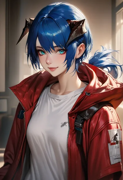 (woman), ((Mostima from arknights)), masterpiece, best quality, blue hair, ((short hair)), ((pony tail hair)), horns, plain white shirt, red fullbody coat, dark blue eyes, realistic anime style, smile, portrait, black gloves.