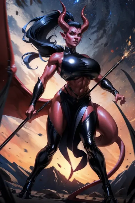 Red skin succubus tiefling, digitigrade legs, full breasts, huge breasts, black horns, wings, huge tail, black leather, crop top, long flowing pelvic curtain, tall, athletic, graceful, thin, long black ponytail. Action scene, whip. Dark scene, explosions, ...