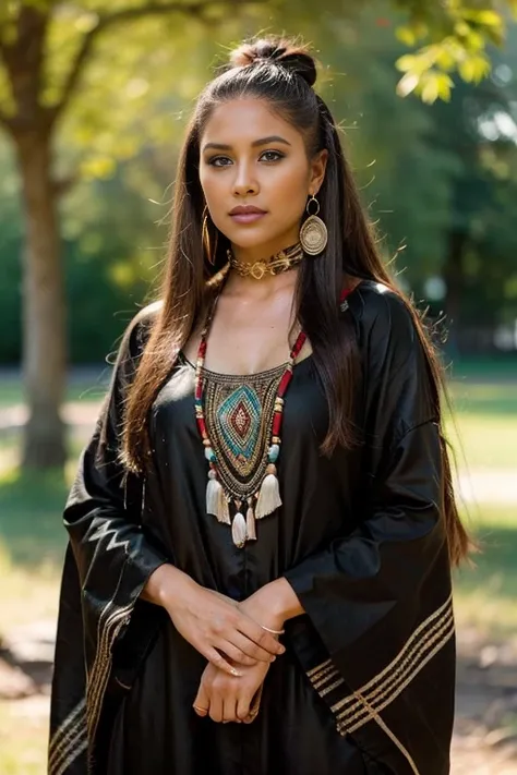 hermosa woman standing next to a tree in a black and blank photo, traditional beauty, tribal clothing, a young shaman, wearing a...