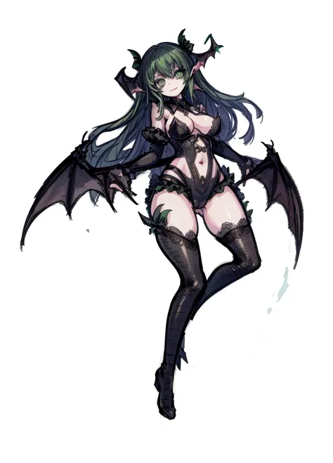 1girl, sage greeneyes,sage green hair, succubus, maid, bat wings, beautiful clothes , (high resolution, high detail, best quality) , huge breasts, happy, smile