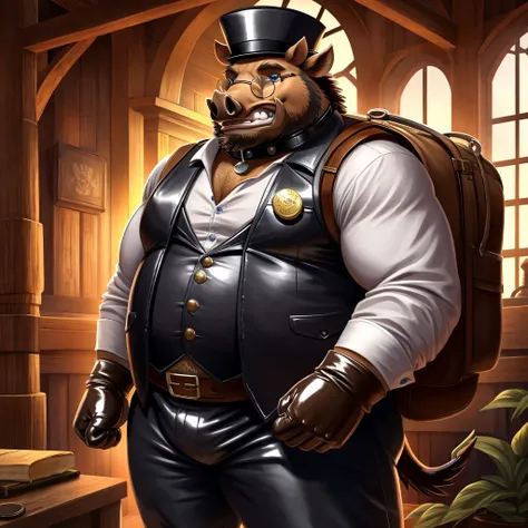 Solo, Male, fat, extremely obese, gentleman, dapper Professor Boar, blue eyes, (posing:1.3), (soft shading), 4k, hi res, ((detailed face, detailed)), looking at viewer, mouth wide open, steampunk, collared shirt with buttons, top hat, male focus, Explorer ...