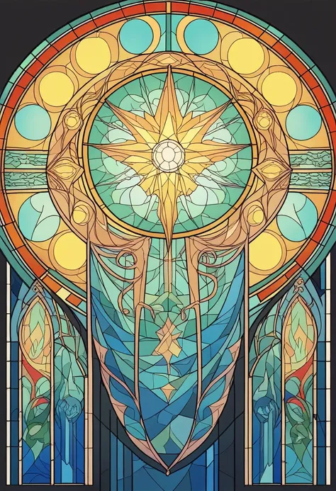 Create an image of a stained glass window featuring vibrant tones of blue, green, and yellow, similar to the provided reference image. Introduce elements of chaos and order within the stained glass design, using fragmented patterns and intricate details. I...