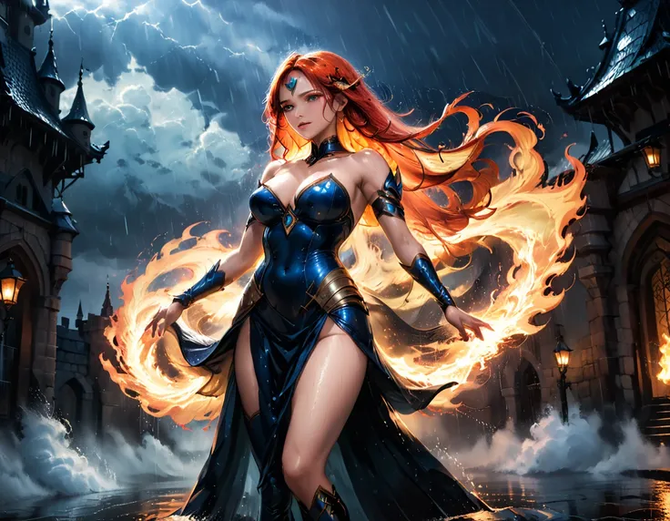 a sorceress of fire making fire dance in a the (storm of rain: 1.3), a most exquisite beautiful sorceress, controlling fire manipulating fire, a woman, dynamic hair color, dynamic hair style, (most beautiful face: 1.3), (ultra detailed face: 1.2), wet hair...