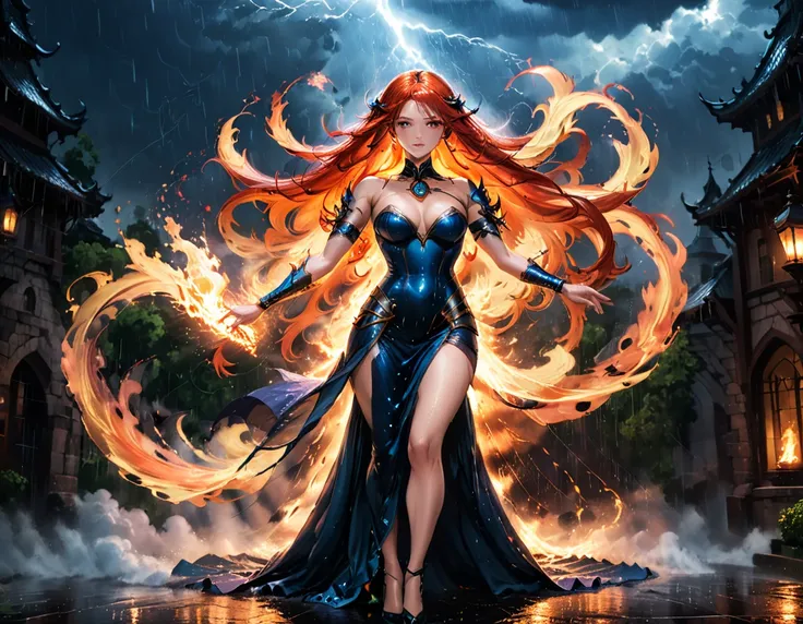 a sorceress of fire making fire dance in a the (storm of rain: 1.3), a most exquisite beautiful sorceress, controlling fire mani...