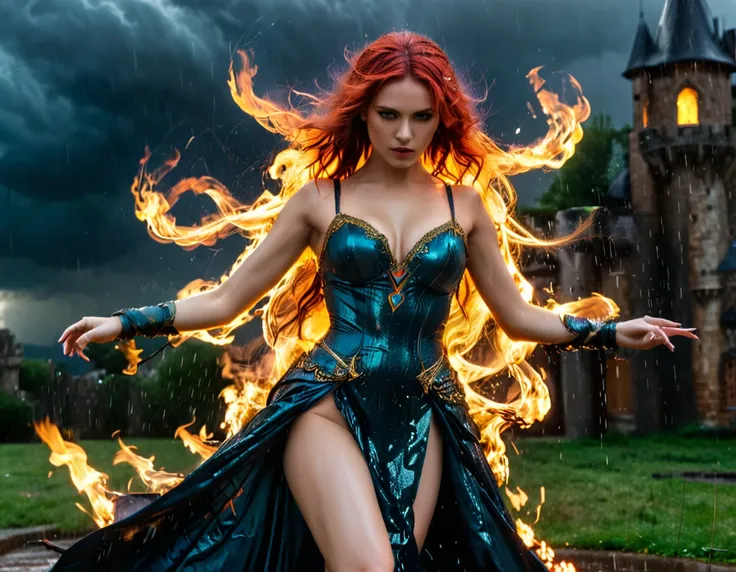 a sorceress of fire making fire dance in a the (storm of rain: 1.3), a most exquisite beautiful sorceress, controlling fire manipulating fire, a woman, dynamic hair color, dynamic hair style, (most beautiful face: 1.3), (ultra detailed face: 1.2), wet hair...