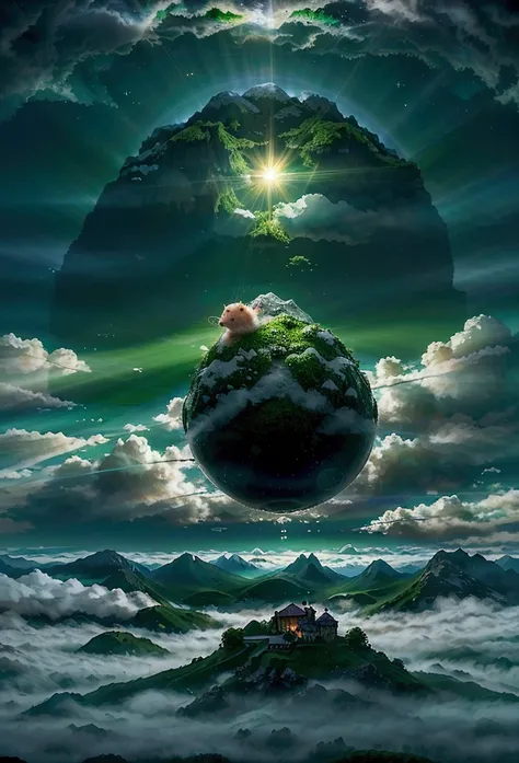 A giant mirror ball floating in space, Flickering Light, Sad hamster died (A tall mountain々A heaven like a green field surrounded by clouds:1.3), Airborne particles, God&#39;s Rays, Background Stars, Complex fractals, detailed, (figure), masterpiece, High ...