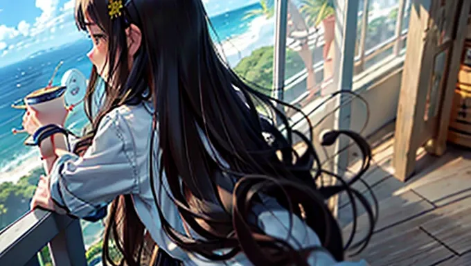 wind chimes、Feng Duo、high school girl、Private Server、modern、anime、Back view、Long Hair、Black Hair、Ocean View Room、Windows are open、The wind is blowing、