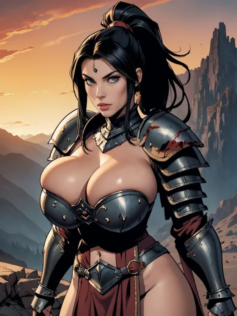 (masterpiece, top quality, best quality, official art, beautiful and aesthetic:1.2), (1girl:1.3), ((Sharp facial features, sharp features, hawkish features)), ((big hair, long black hair, ponytail)), big tiddy chaos warrior girl, extremely detailed, portra...