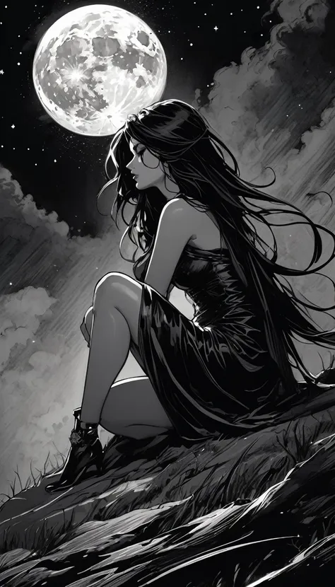 some sexy, dark, queen of hell, loneliness, magic, magic, fantastic, night sky, moon, stars, background, , tmari, sketch, tradit...