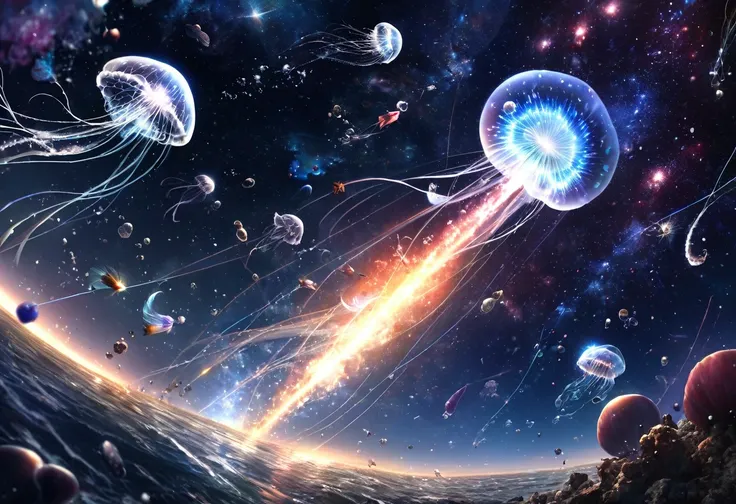 galaxy, rocket, jellyfish, shooting star, HDR, 4k resolution, (realistic : 1.3), (ultra high resolution: 1.0 ), (((best quality, 8 thousand, masterpiece:1.4))