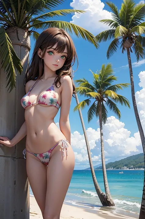 masterpiece, rich colors, Best quality, detailed, high resolution, Hyper quality, high detail, , high quality, detailing, skinny sexy girl on the beach , bright lighting , green eyes, Anime, palm trees, bright lighting,