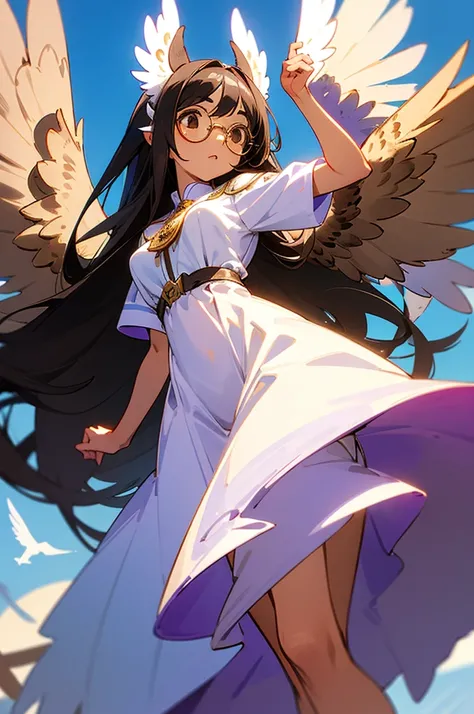 bird girl, round glasses, long black hair, (light brown skin), brown eyes, owl ears, owl wings, clear blue sky, (white and light purple cute outfit), highly detailed, masterpiece, gorgeous face