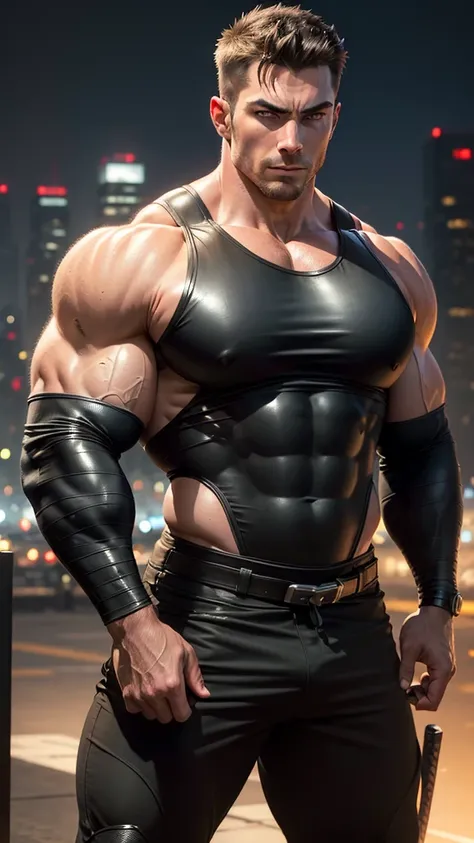 ((realistic: 1.5)),((best quality)), ((masterpiece)),((detailed)), male ninja, Vigilante, Caucasian American, handsome, photorealistic face,short hair, attack position,, katana on the back,wearing shiny black leather tank top, just outside of the city with...