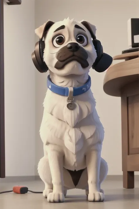 a beautiful and fluffy pug dog, with a white t-shirt and headphones. The image must focus on the dog in full body, wide angle lens.