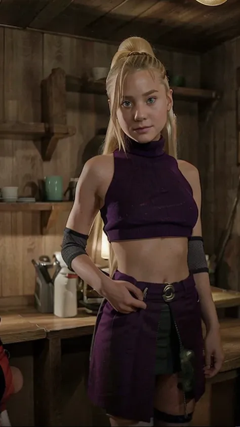 14 years old, young girl with light blonde hair, green eyes, ponytail hairstyle, purple turtleneck crop top, neat purple skirt  ...