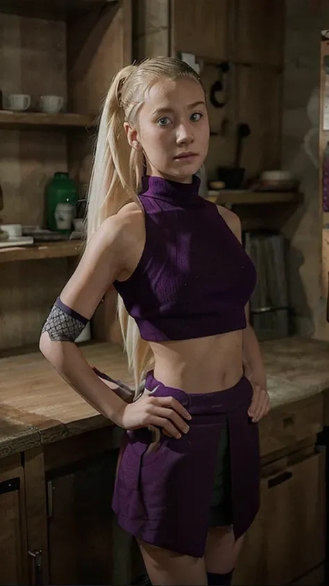 14 years old, young girl with light blonde hair, green eyes, ponytail hairstyle, purple turtleneck crop top, neat purple skirt  ...