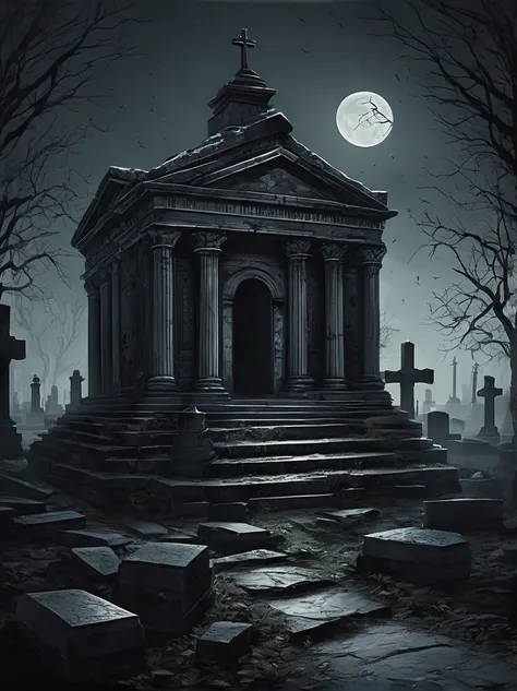 In the depths of an ancient
cemetery, a mausoleum stands as
a monument to the dead. As night
falls, the stone doors creak open
of their own accord, and the
restless spirits within begin to
stir, their mournful cries echoing
through the night.
