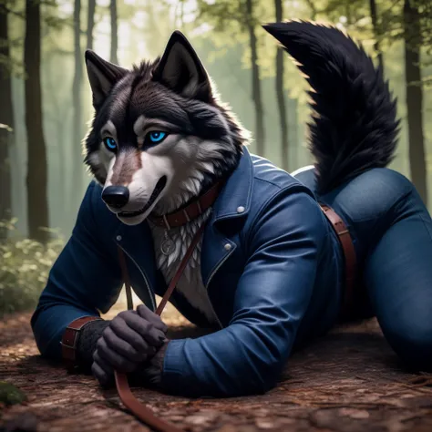 Male, 30 years old, cute, eyeliner, big grin, very happy, black leather jacket, anthro, wolf ears, (black fur:1.5), wolf, forest background, 8k, hi res, (best quality, masterpiece), (wolf tail:1.5), detailed fur, solo, leash and collar, blue jeans, blue ey...