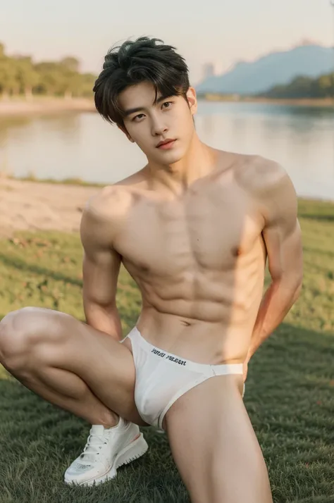 Asian muscular young boy sitting on grass, sexy, Dark eyebrows, topless, abs, wearing white thong high cut underwaer, white high cut Jockstrap, muscular young male, mid shot portrait, high quality portrait, Attractive pose, cute young man, gorgeous young m...