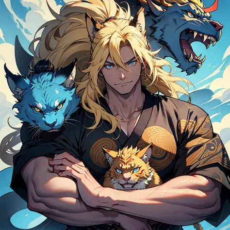 Masculine, monstrous version of the Japanese spirit Komainu with big blonde hair and blue eyes 