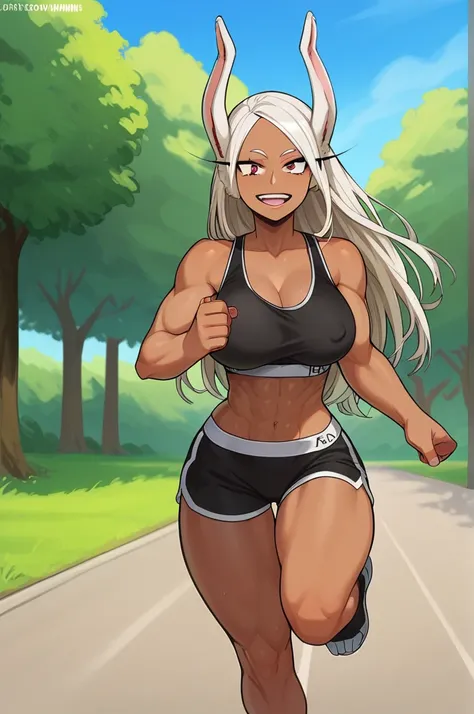 score_9, score_8_up, score_7_up, score_6_up, score_5_up, score_4_up, BREAK 1girl, , rating_explicit, rumi usagiyami,my hero academia, ,dark-skinned female, red eyes,,toned body, large breasts, wide hips, thick thighs, sports bra, jogging, one breast out, w...