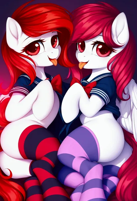 radiant lighting, vibrant colors, whimsical atmosphere, 8K, high resolution, highly detailed, masterpiece, (((my little pony))), four stockings, (red hair, white body, red eyes) cute face, tongue out, (seductive school uniform), striped stockings 