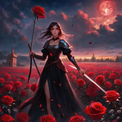 (masterpiece), (girl, full body, holding sword, red medieval sword), (black dress, ornate red, red flower patterned, translucent), (red eyes, angry), (scenery, roses, rose field, roses ornaments, stary night, night sky, clouds, flying roses), (blur, depth ...