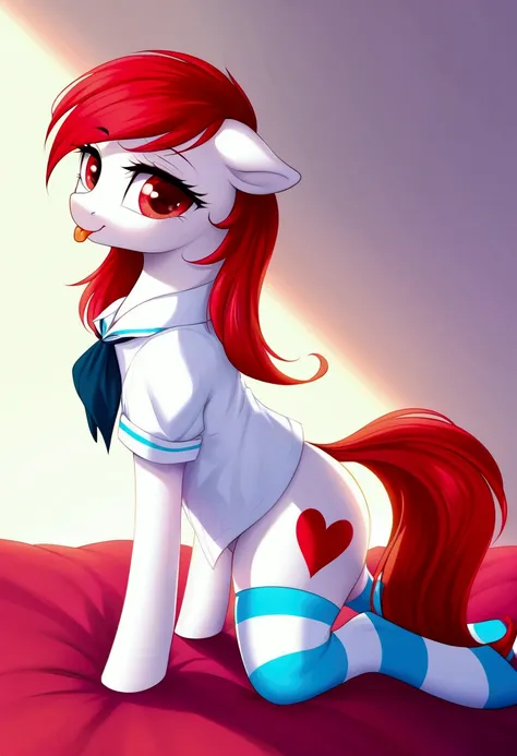 radiant lighting, vibrant colors, whimsical atmosphere, 8K, high resolution, highly detailed, masterpiece, (((my little pony))), four stockings, (red hair, white body, red eyes) cute face, tongue out, (seductive school uniform), striped stockings 