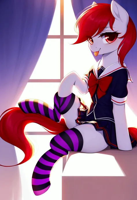 radiant lighting, vibrant colors, whimsical atmosphere, 8K, high resolution, highly detailed, masterpiece, (((my little pony))), four stockings, (red hair, white body, red eyes) cute face, tongue out, (seductive school uniform), striped stockings 