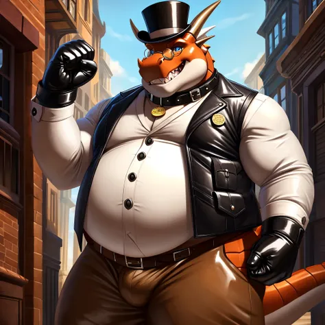 Solo, Male, fat, extremely obese, gentleman, dapper Professor Dragon, blue eyes, (posing:1.3), (soft shading), 4k, hi res, ((detailed face, detailed)), looking at viewer, mouth wide open, steampunk, collared shirt with buttons, top hat, male focus, Explore...