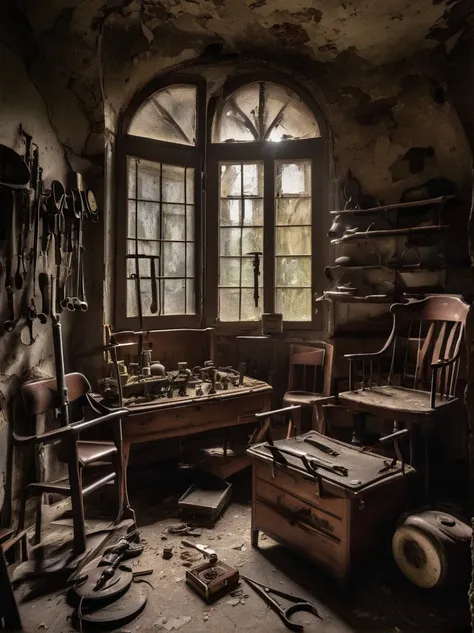 In the attic of an old, abandoned
asylum, a collection of dusty
medical instruments sits
untouched for decades. As the
moonlight filters through broken
windows, the tools seem to come
alive, casting sinister shadows
on the cracked walls.
