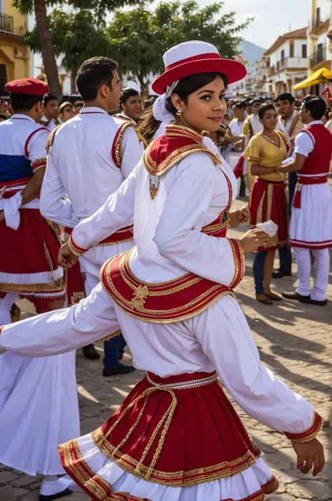 ."Festival in Trujillo:Description for AI: "A festival in Trujillo, with sailor dancers dressed in traditional costumes, live music and festive decorations."