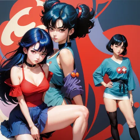 Anime girl with blue hair and black hair wearing red dress., By Rumiko Takahashi, inspired By Rumiko Takahashi, Fubuki, Rumiko, 80s anime this style, inspired by Naoko Takeuchi, Inspired by Kusumi Morikage, 1980s anime style, Misato Katsuragi, 80s anime ar...