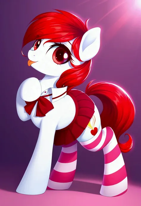 radiant lighting, vibrant colors, whimsical atmosphere, 8K, high resolution, highly detailed, masterpiece, (((my little pony))), four stockings, (red hair, white body, red eyes) cute face, tongue out, (school uniform), striped stockings, hoove up