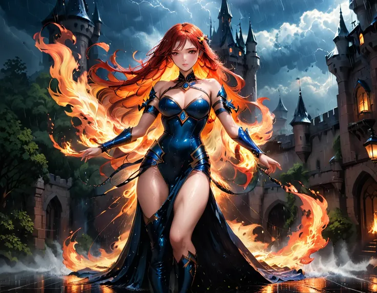 a sorceress of fire making fire dance in a the (storm of rain: 1.3), a most exquisite beautiful sorceress, controlling fire mani...