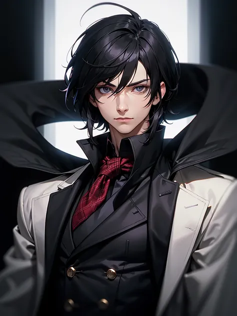 ((Portrait)), He has a Charismatic, Black-Haired Appearance, with a Sophisticated and Confident Aura. He has a Slim, Yet Fit Build, Exuding Elegance and Poise. His Light Gray Eyes Sparkle with Wit and Charm. His Short, Tousled Black Hair Frames His Face, A...