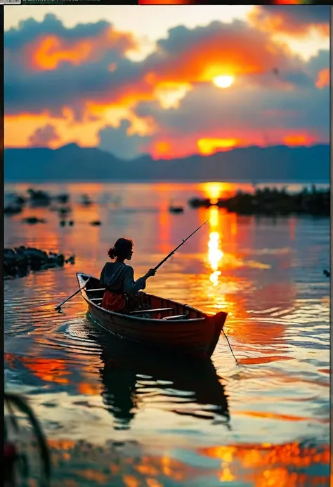 /imagine prompt: The sunrise glows orange across the water as a young woman sits contentedly in her small kanu boat, holding a fishing pole in one hand and a coffee tumbler in the other, creating an atmosphere of serenity, captured gracefully through the l...