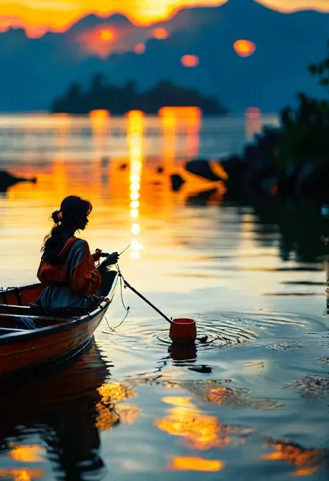 /imagine prompt: The sunrise glows orange across the water as a young woman sits contentedly in her small kanu boat, holding a fishing pole in one hand and a coffee tumbler in the other, creating an atmosphere of serenity, captured gracefully through the l...