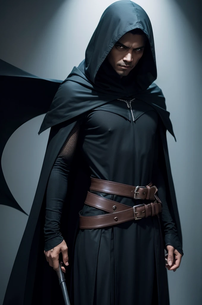 Dark character in hood and black cape vertically