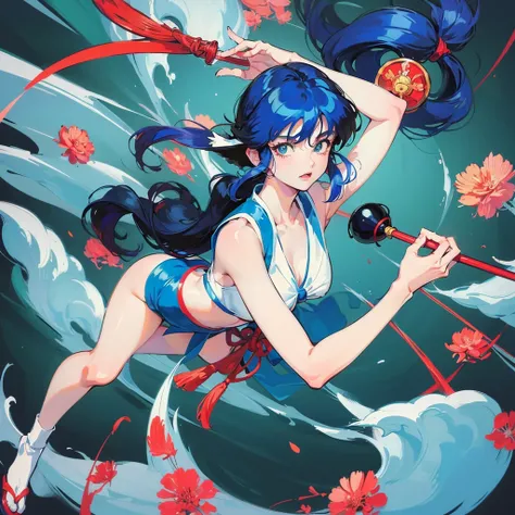 anime girl with blue hair)(By Rumiko Takahashi, inspired By Rumiko Takahashi, Fubuki, Rumiko, 80s anime this style)(80s anime art style