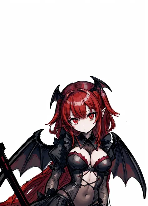 1girl, red eyes,red hair, succubus, maid, bat wings, beautiful clothes , (high resolution, high detail, best quality) , huge breasts, crazy,scythe